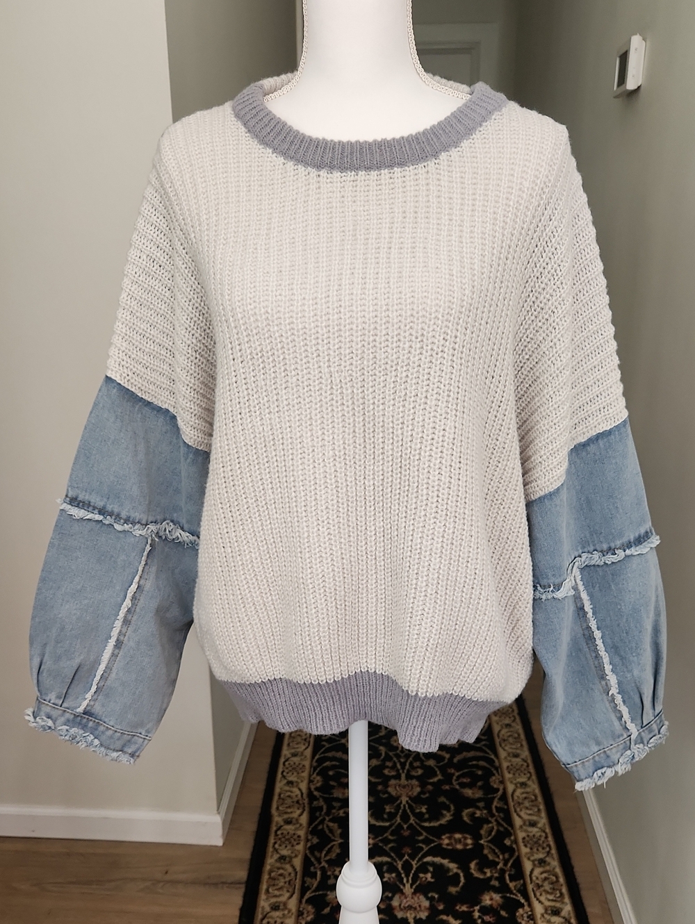 Debut Denim Puff Sleeve Oversized Knit Sweater Gray Cream M/L